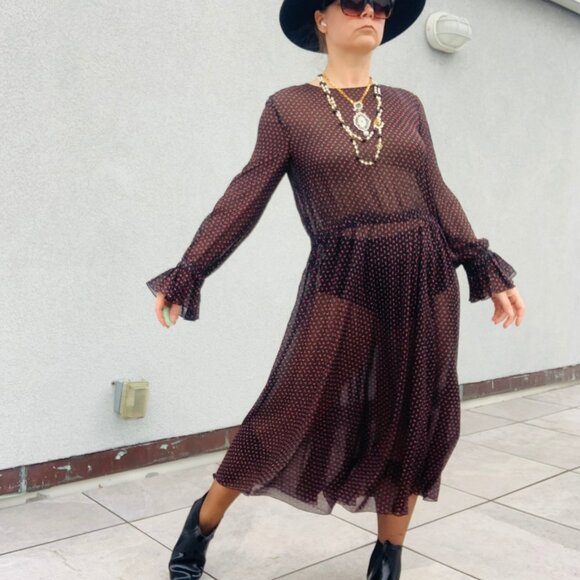 🌸 Philosophy Sheer Midi Dress Micro Floral Print Ditzy Black - Picture 14 of 16